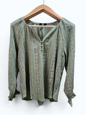 Frye Textured Long Sleeve Peasant Blouse Boho Western Eyelet top green sage Med thumbnail 6
