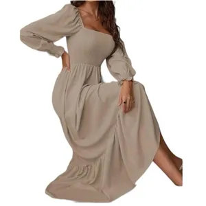 Khaki Smocked Maxi Dress Large Boho Square Neck Ruffle Hem Festival thumbnail 3