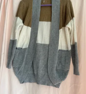 Gray and White Chunky Knit Cardigan Sweater thumbnail 1