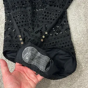 New Large Black Strapless Sheer Crochet One Piece Swim Suit with Button Detail thumbnail 6