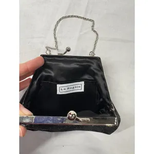 La Regale Black Sequin Evening Bag‎ Silver Kiss Lock Clasp Chain Strap Vintage thumbnail 6