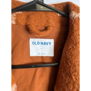 Old Navy Womens Long Windowpane Plaid Coat Rust Orange Boucle Overcoat Large thumbnail 5