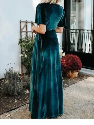 Velvet Wrap Maxi Dress in Emerald Green with Side Slit thumbnail 2