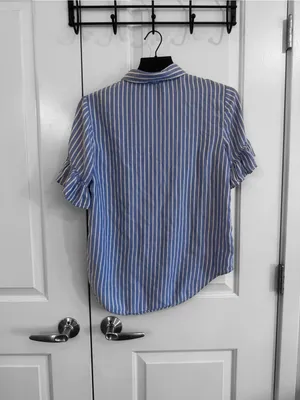 beachlunchlounge Blue and White Striped Button-Down Ruffle Sleeve Blouse thumbnail 4