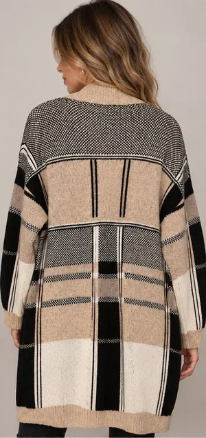Doe & Rae Women's Beige Black White Plaid Colorblock Open Front Cardigan Sweater thumbnail 1