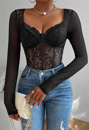 UNBRANDED Black Lace Bustier Sheer Mesh Sweetheart Neck Bodysuit thumbnail 3
