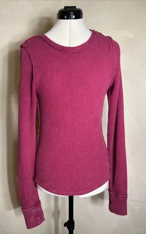 FREE PEOPLE We The Free Womens Roll With It Ribbed Distressed Thermal Shirt|Sz:S thumbnail 1