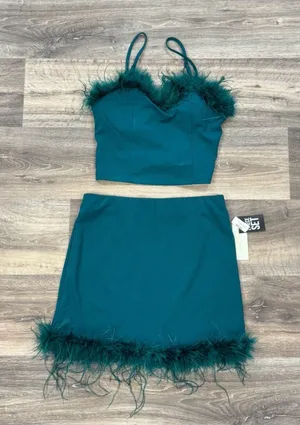 NEW Thirty/Thirty LA Green Feather Tank Top Mini Skirt Set Women’s Large thumbnail 1