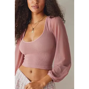 Free People Intimately Lost In Love White Ribbed Mesh Puff Sleeve‎ Top XXS thumbnail 4