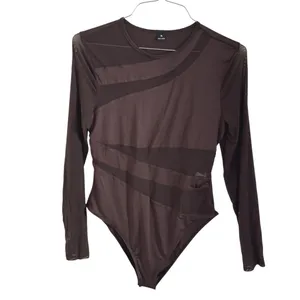 SheIn Womens Brown Mesh Bodysuit XL Sheer Long Sleeve Geometric Panels Fitted thumbnail 2
