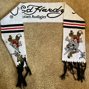 Ed Hardy Christian Audigier White Scarf Death or Glory Skull Graphic Fringe thumbnail 5