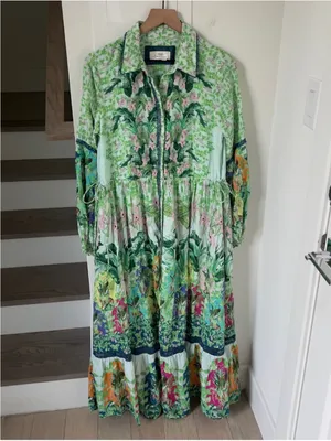 By Anthropologie Long-Sleeve Printed Maxi Shirt Dress in Green thumbnail 4