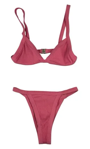 Meshki Pink Ribbed Knit 2 Piece Beach Swimsuit Swimwear Bikini Set Size L & M thumbnail 1