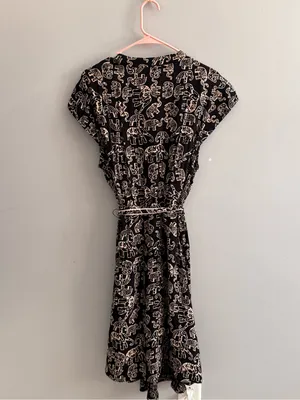 Maeve Anthropologie Large Elephant Print Wrap Dress Black Tan Belted thumbnail 3