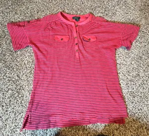 Lauren‎ Ralph Lauren Pink Navy Striped Cotton Henley Short Sleeve Top Mens M thumbnail 1