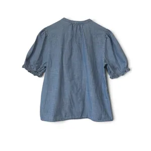 J.Crew Re-Imagined Blue Chambray Ruffle Trim Puff Sleeve Button Top Medium thumbnail 3
