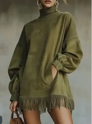 NEW Vegan Suede Tassel High Neck Loose Pocket Mini Dress M thumbnail 1