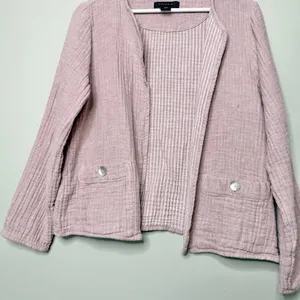 Tahari Linen Gauze Lightweight Jacket Top Mauve Pink Purple White Pockets Medium thumbnail 5