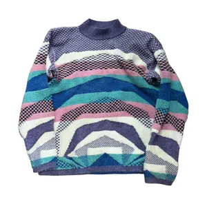 Vintage Keren Abstract Mock Neck Sweater Purple‎ Teal Grannycore Made in USA M thumbnail 1