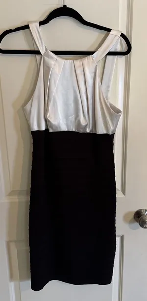Xscape Cocktail Dress W White Satin Halter And Black Pencil Bottom Size 10 thumbnail 1