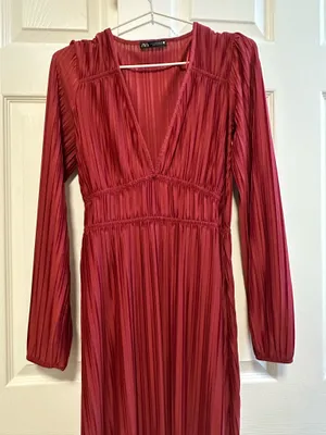 ZARA Pleated Long Sleeve Deep V-Neck Mini Dress Terracotta Red Size S thumbnail 1