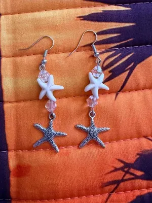 Handmade Silver & Cream Double Starfish Dangle Earrings 🌟🏝️ thumbnail 7