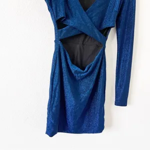 Meshki Blue Glitter Cut Out Long Sleeve Glam Party Club Bodycon Mini Dress thumbnail 5