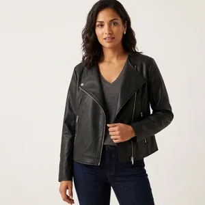 Mango MNG Faux Leather Biker Moto Jacket Womens Medium Black Zip thumbnail 2
