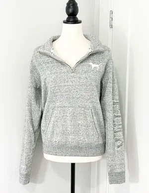 Victoria's Secret Pink Small Gray Quarter Zip Funnel Neck Sweatshirt w/Pocket thumbnail 1