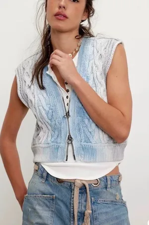 We The Free Free People Sweater Vest Womens XS Blue Ombre Cable‎ Knit Zip thumbnail 1