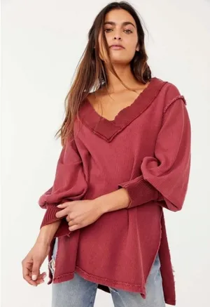 Free People Asher Thermal Oversized Shirt Stolen Kiss Maroon Red thumbnail 1