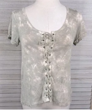 AMERICAN EAGLE "Soft & Sexy" Tie Dye T-Shirt with Front Lacing Green-XS thumbnail 1