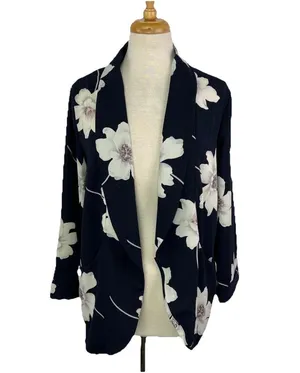 Sienna Sky Sz Medium Light Weight Open Front Blazer Jacket Navy and White Floral thumbnail 1