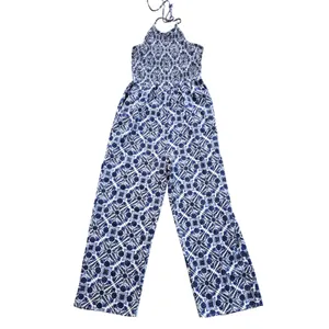 Patrons of Peace 41G Blue White Tile Print Halter Smocked‎ Wide Leg Jumpsuit S thumbnail 2