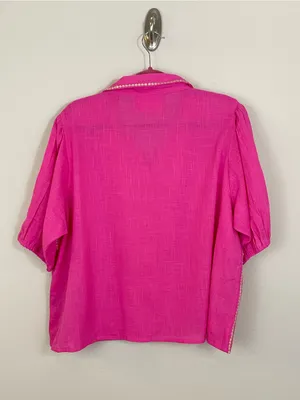 POL Bright Pink Embroidered Puff Short Sleeves Button-Front Blouse Size Large thumbnail 7
