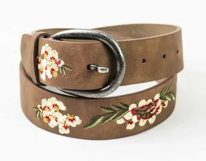 Embroidered Floral Brown Vegan Leather Belt thumbnail 1