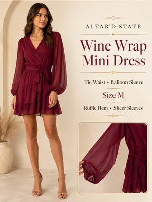 Altar'd State Mini Dress Womens M Red Tie Waist Balloon Sleeve Ruffle Wrap Front thumbnail 2