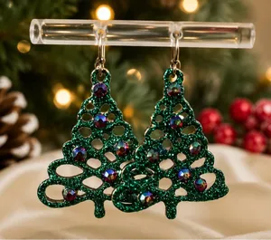 Glitter Christmas Tree Earrings Green Rhinestone Holiday Dangle Jewelry thumbnail 1