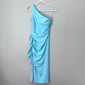 Katie May New Age One Shoulder Ruched Side Slit Midi Dress Sky Blue Small thumbnail 2
