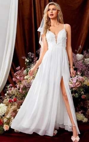 Embroidery chiffon Wedding Dress White thumbnail 1