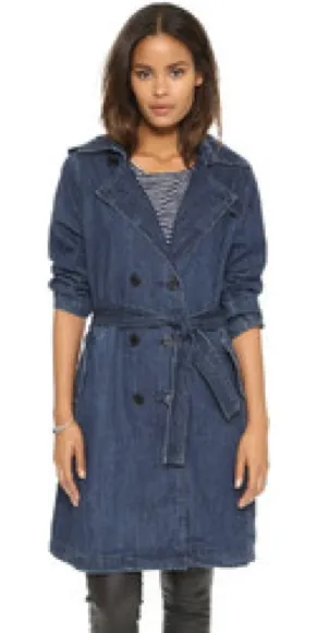 Women's Blank NYC Navy Blue Denim Belted Trench Coat Double Breasted Jacket XS thumbnail 1