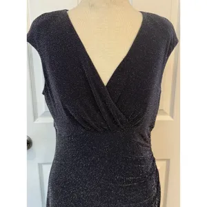 Lauren‎ Ralph Lauren Cocktail Dress Sz 10 Navy Metallic Ruched Wedding Holiday thumbnail 3