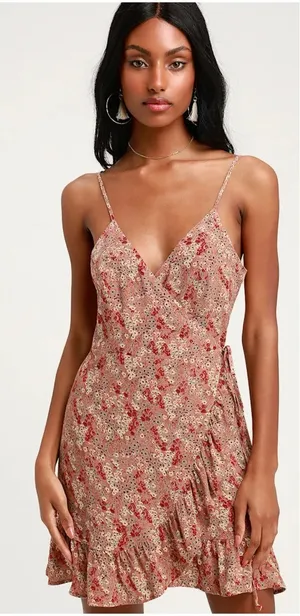 Free People All My Love Pink Multi Floral Print Wrap Slip Dress Size Large thumbnail 1