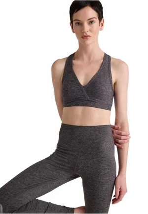 Quince Ultra Soft V-Neck Racer Back Bra Heathered Charcoal Women's Size Large thumbnail 1