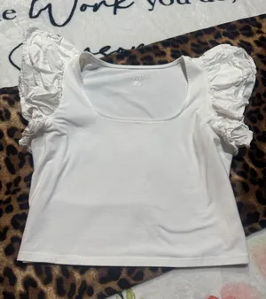 A New Day Women's Blouse, Size L, White, Square Neck, Layered Ruffle, Cropped thumbnail 1