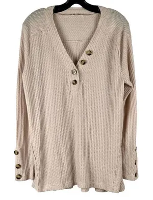 In Loom Ribbed Waffle Knit Long Sleeve Boxy Henley Top Large thumbnail 1