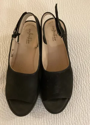 Clarks Collection Jillian Pearl Black Peep Toe Slingback Wedge Sandals Size 9 thumbnail 1