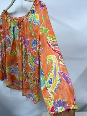 Lauren Ralph Lauren Orange Floral Paisley Peasant Blouse L 100%cotton thumbnail 8