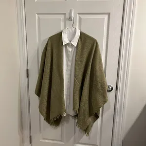 Neutral Knit Shawl/ Cape in Herringbone Pattern with Sage and Tan thumbnail 2