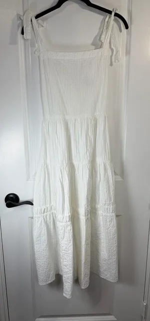 Topshop White Cotton Seersucker Strappy Tiered Maxi Dress with Tie Back thumbnail 1